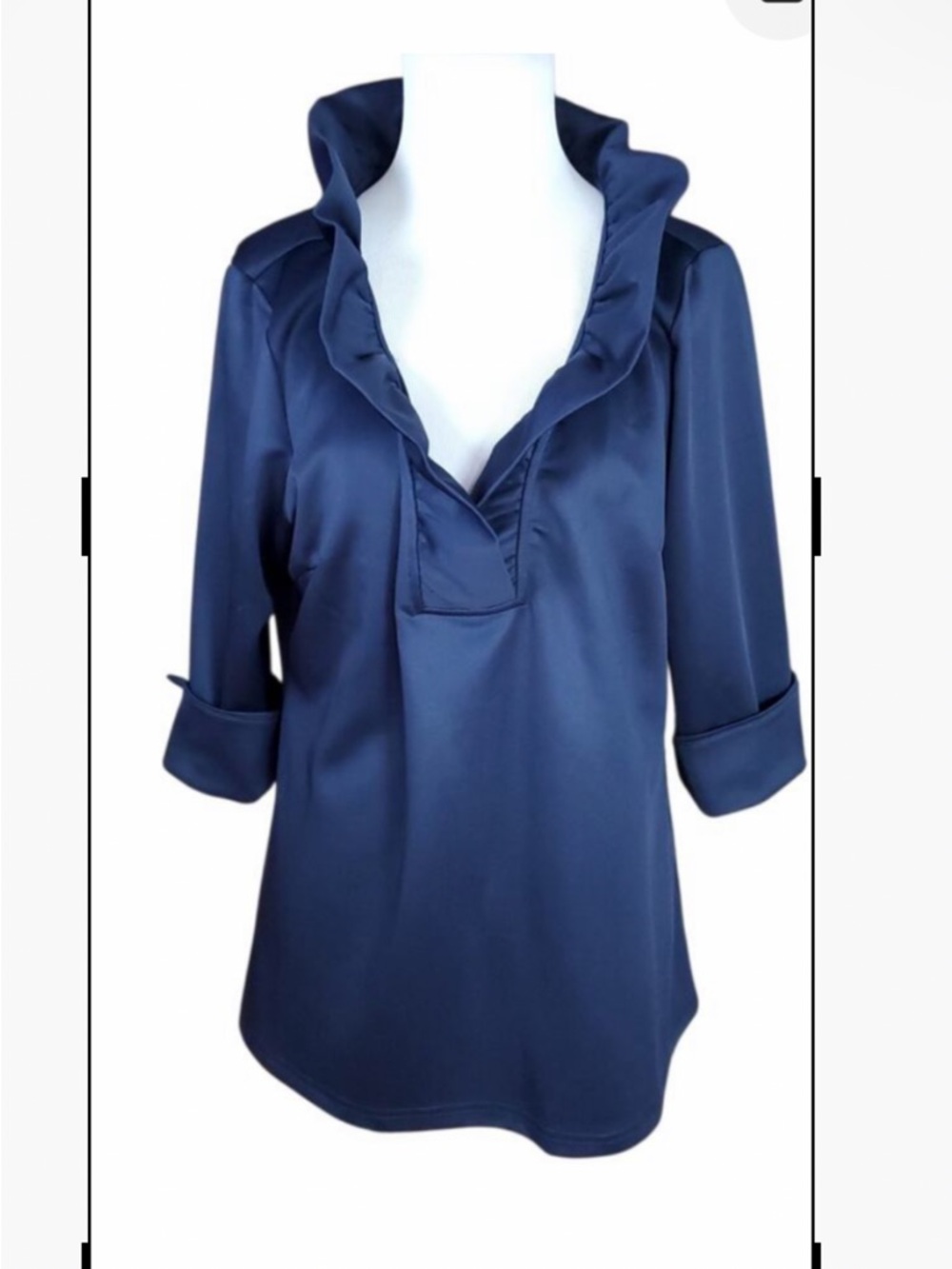 Gretchen Scott Designs Navy Ruffle Collar Top Size L